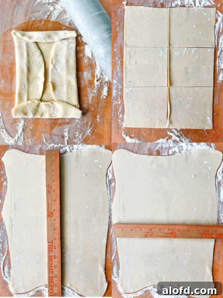 Untamed Berry Breakfast Pastries 5 A collage showing the steps of folding and rolling pie dough into a rectangle and measuring it for precise cutting.