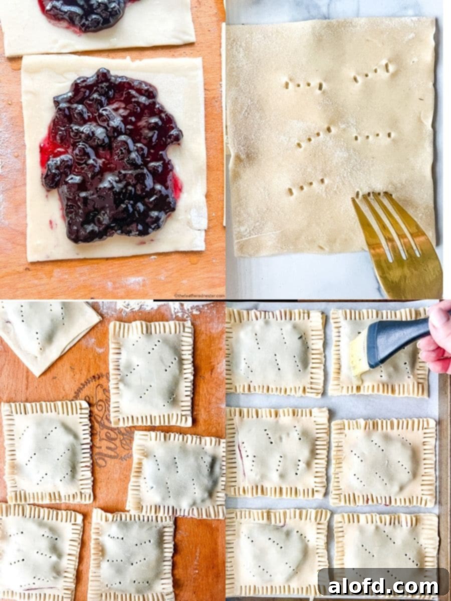 Untamed Berry Breakfast Pastries 6 A collage illustrating the assembly of blueberry pop tarts, showing the filling, egg wash application, and crimping the edges.