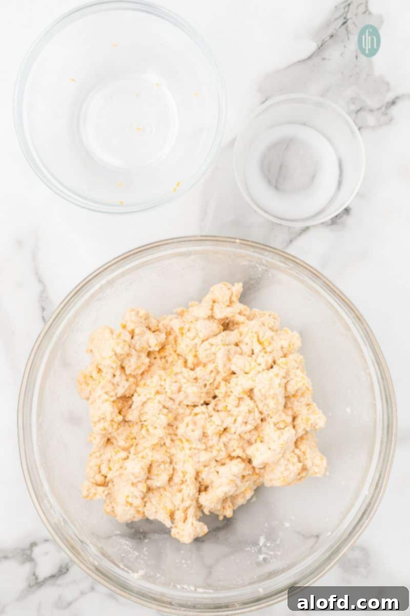 Bisquick Garlic Cheddar Biscuits 11 Close-up of the sticky, lumpy biscuit dough in a bowl, perfectly mixed.