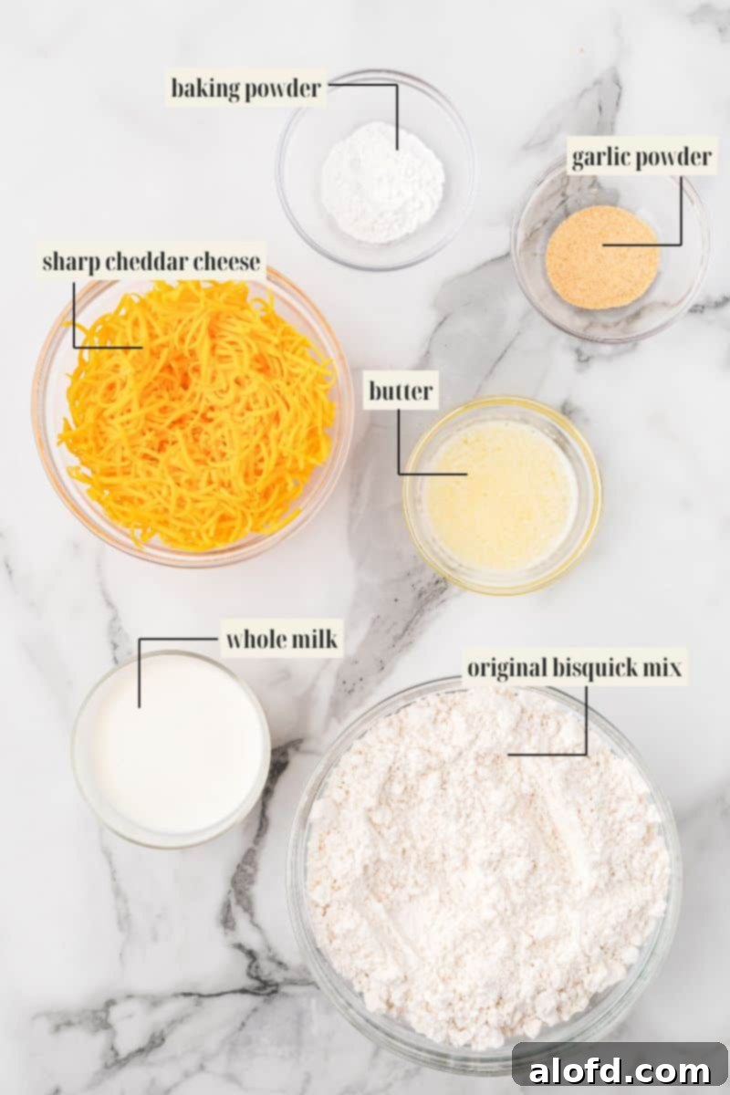 Bisquick Garlic Cheddar Biscuits 5 Clearly labeled ingredients for making cheddar biscuits: Bisquick mix, garlic powder, baking powder, milk, shredded cheddar cheese, and melted butter.