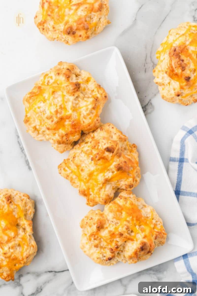 Bisquick Garlic Cheddar Biscuits 6 A beautifully presented plate of warm, golden cheddar biscuits, glistening with butter.