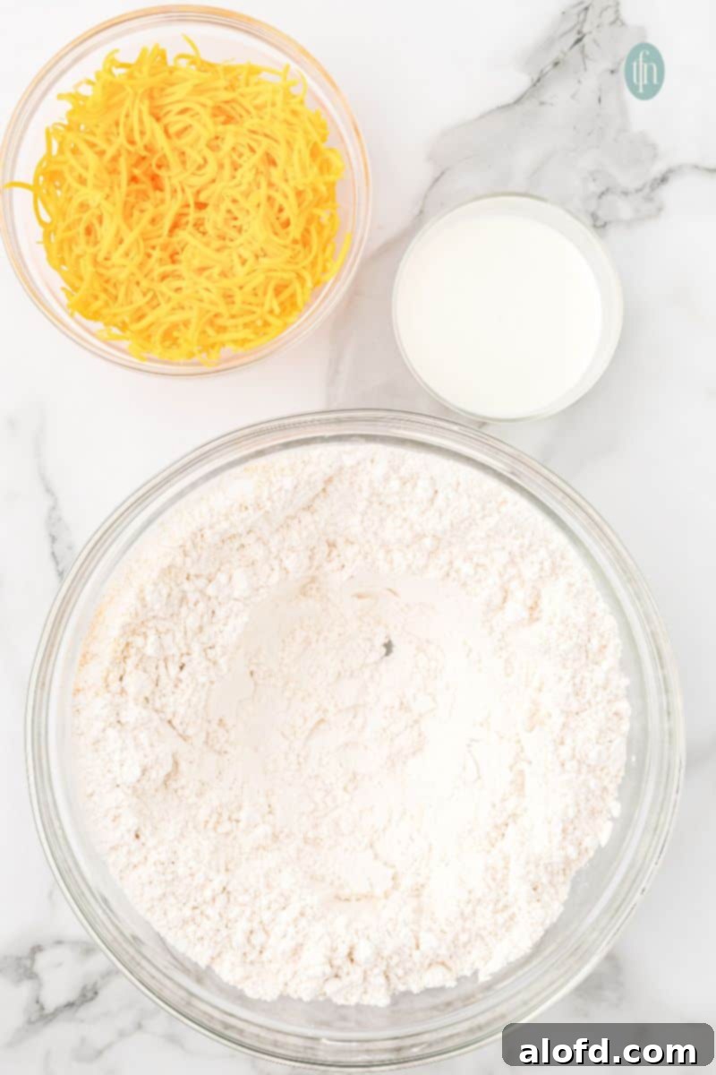 Bisquick Garlic Cheddar Biscuits 9 Milk and shredded cheese added to the dry ingredients in a bowl, before mixing.