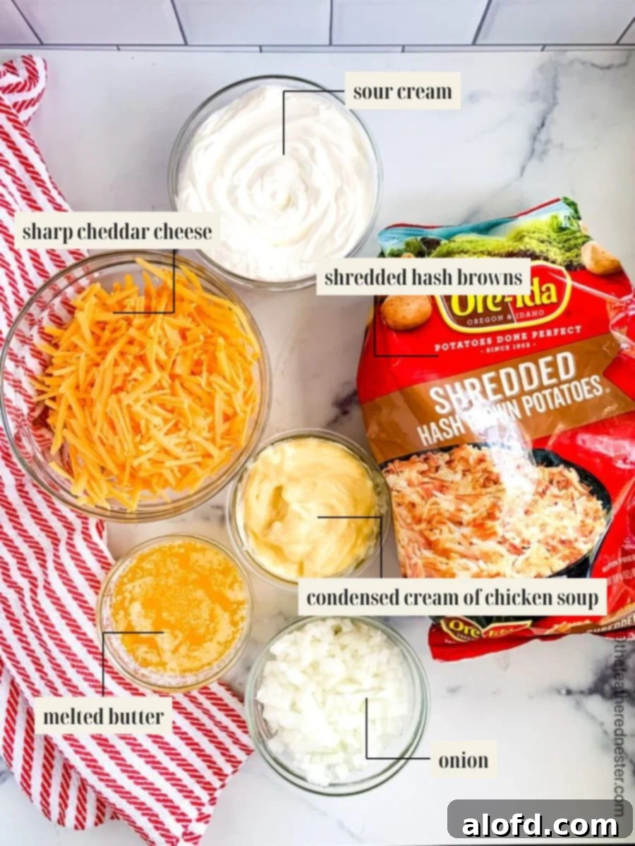 Homestyle Hash Brown Casserole 4 A visual guide showing labeled ingredients for the hash brown casserole recipe, including shredded potatoes, cheese, sour cream, and soup.