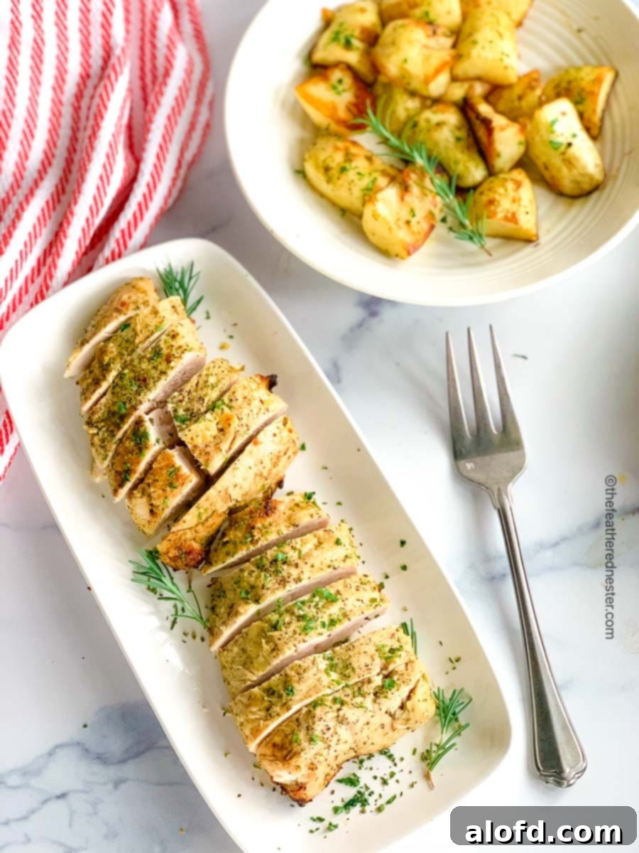 A platter of beautifully sliced roasted turkey tenderloin with a side of golden roasted potatoes in the background.