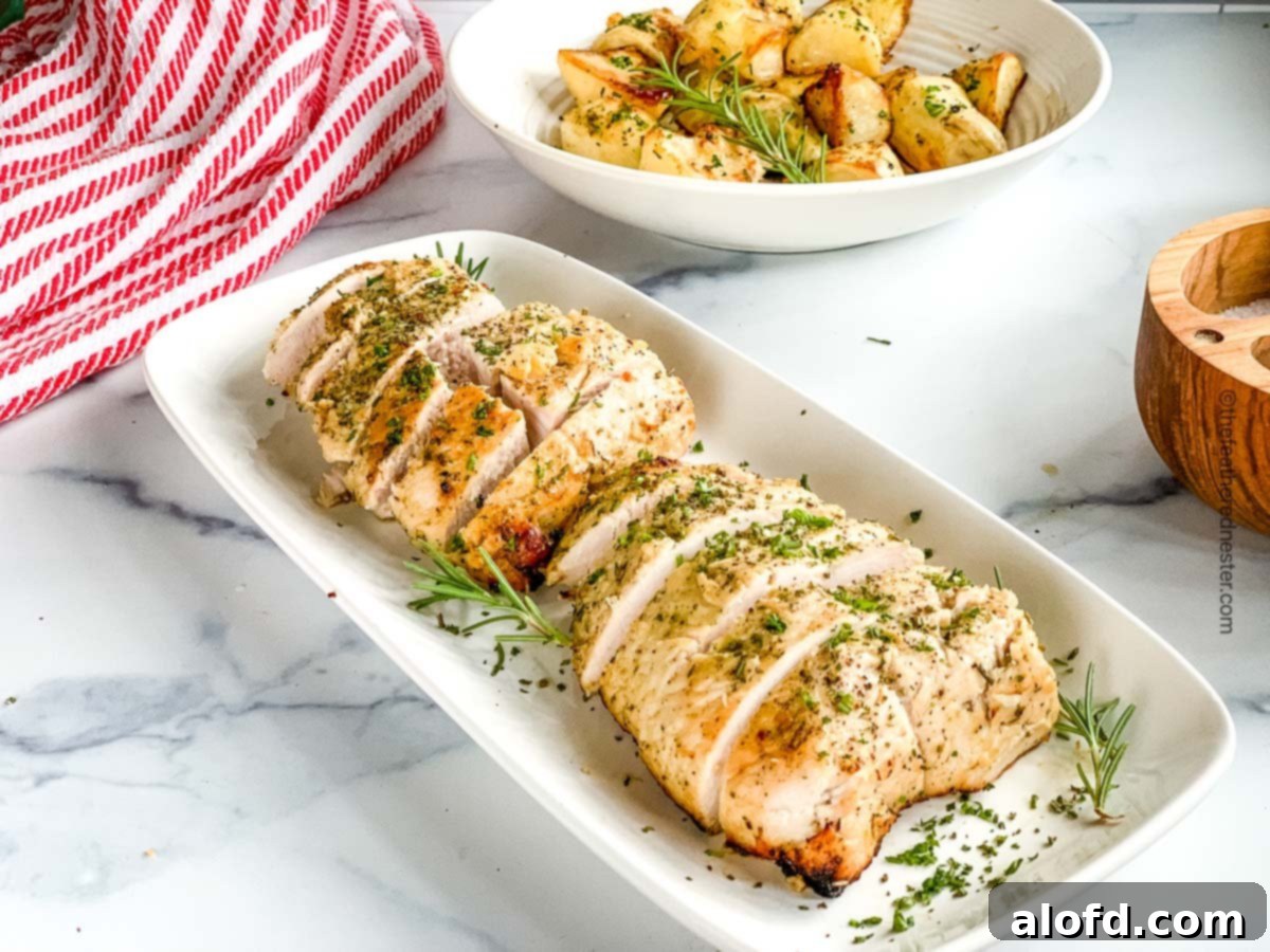 A perfectly sliced roasted turkey tenderloin arranged on a pristine white platter, garnished and ready to be served.