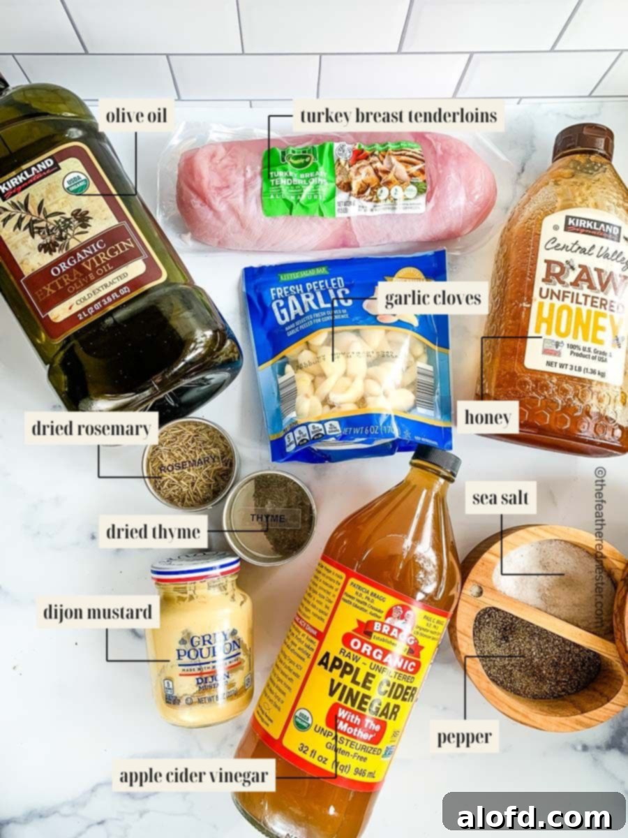 Assorted ingredients for making a baked turkey tenderloin, neatly arranged on a kitchen countertop.