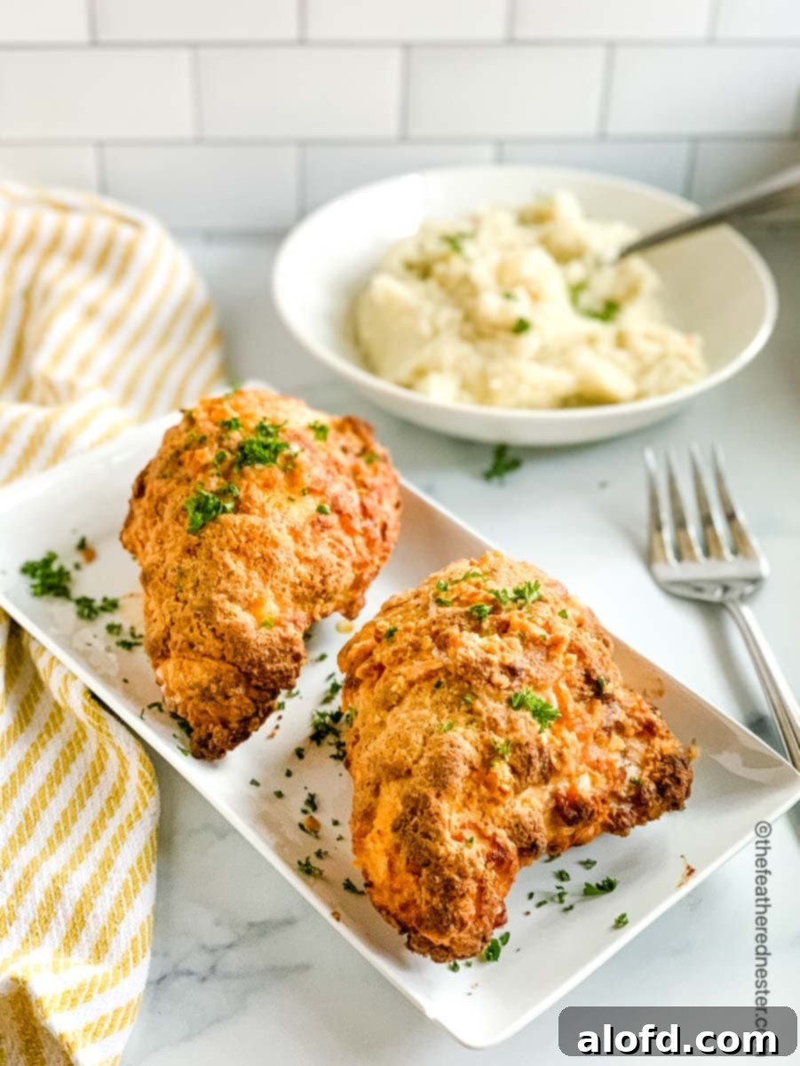 A white platter of perfectly cooked Bisquick oven-fried chicken breasts, served alongside a comforting bowl of mashed potatoes.