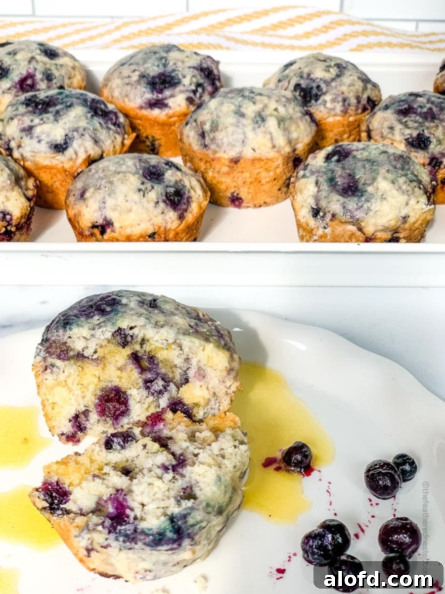 a white serving tray with perfectly baked blueberry muffins, and a white plate displaying a single Bisquick blueberry muffin alongside fresh blueberries.