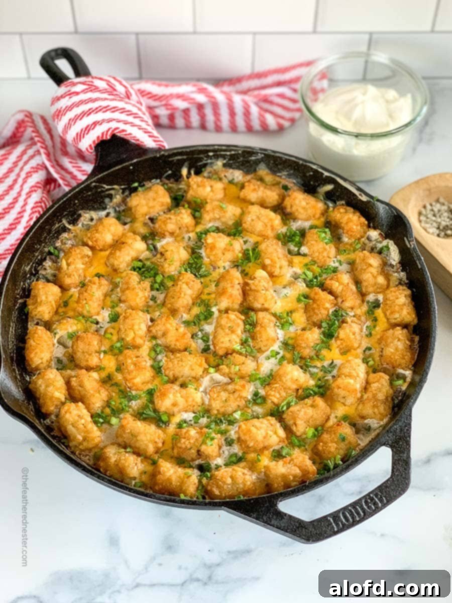 Crispy Tater Tot Green Bean Bake 2 Skillet of green bean casserole with tater tots and hamburger.