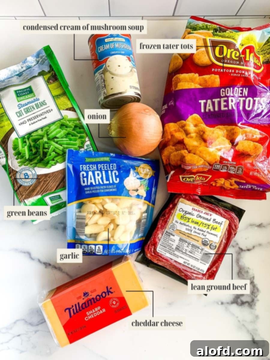 Crispy Tater Tot Green Bean Bake 3 Labeled ingredient image for tater tot casserole with green beans recipe.