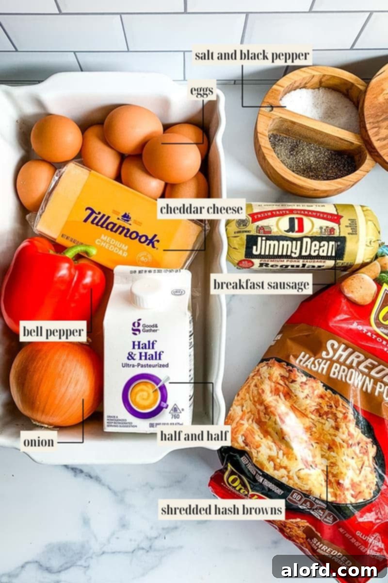 Ultimate Hash Brown Breakfast Bake 3 A collage of labeled ingredients for the Sausage Hash Brown Breakfast Casserole recipe, including hash browns, sausage, bell pepper, onion, eggs, milk, and cheddar cheese.