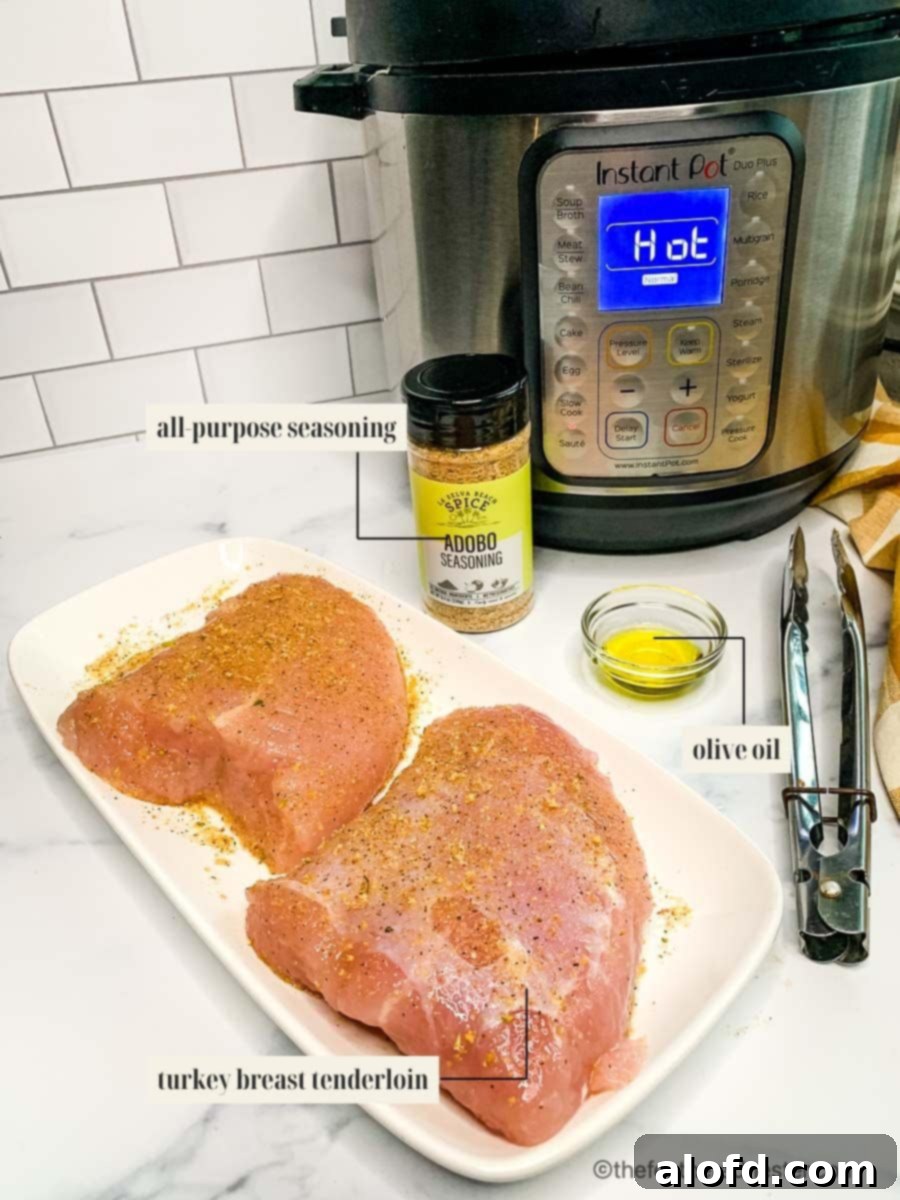 Juicy Instant Pot Turkey Tenderloin 3 A selection of fresh ingredients including turkey tenderloin, potatoes, and seasonings, neatly arranged for a turkey tenderloin recipe.