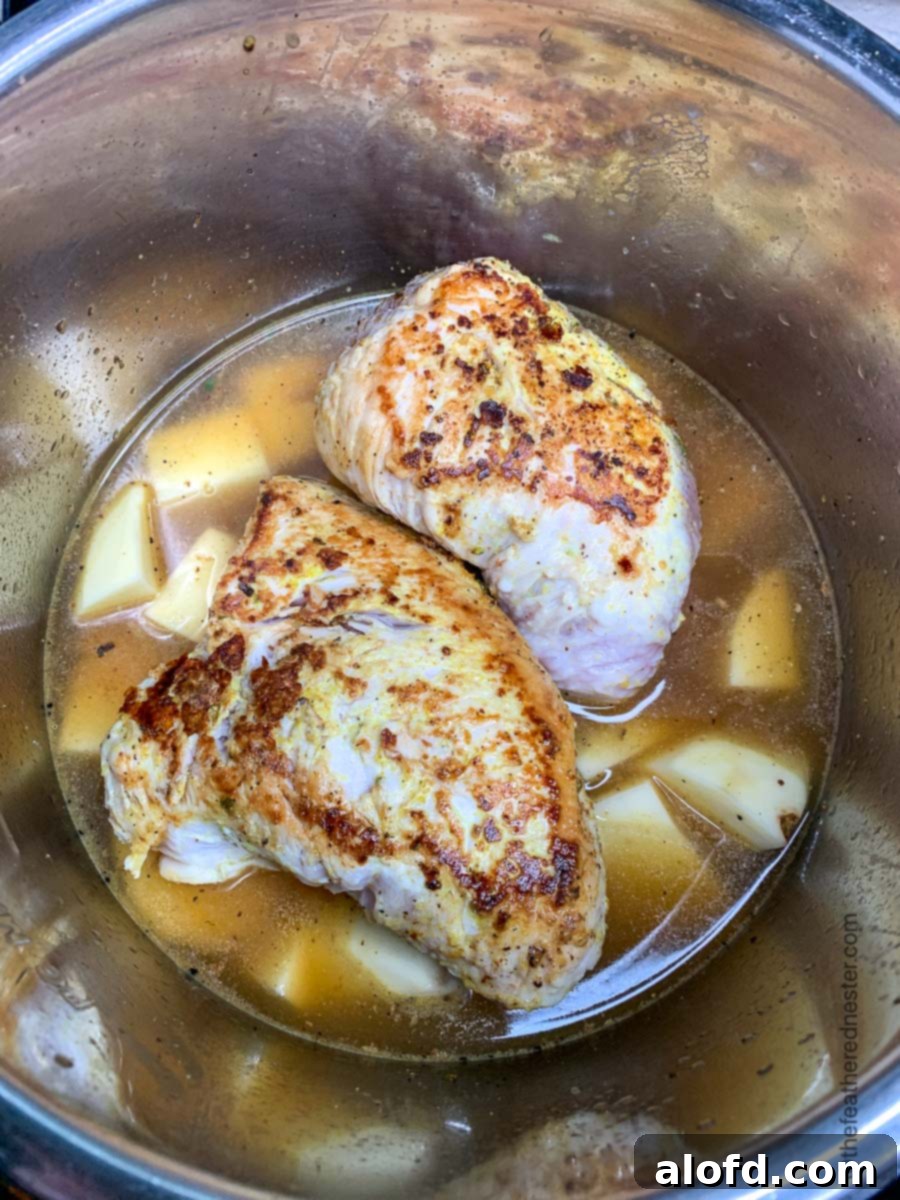 Juicy Instant Pot Turkey Tenderloin 5 Turkey tenderloin placed on top of cubed potatoes in an Instant Pot, ready for pressure cooking.