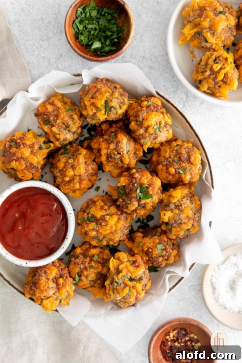 Bisquick Sausage Balls: Effortless Appetizer Perfection 2 Golden brown sausage balls arranged on a large white platter, with a small jar of dipping sauce placed beside them.
