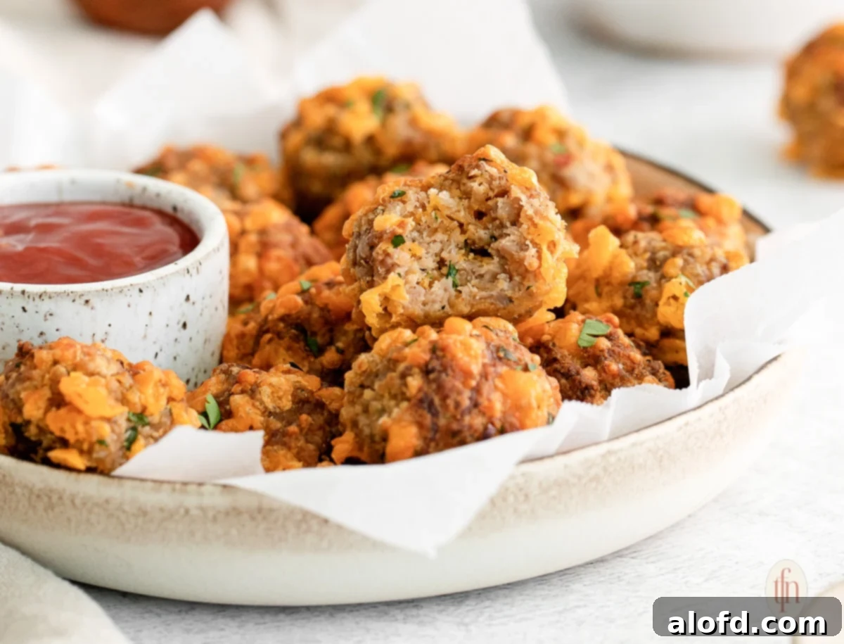 Bisquick Sausage Balls: Effortless Appetizer Perfection 4 A white serving bowl filled with baked sausage balls, with a small dish of dipping sauce placed to the side.