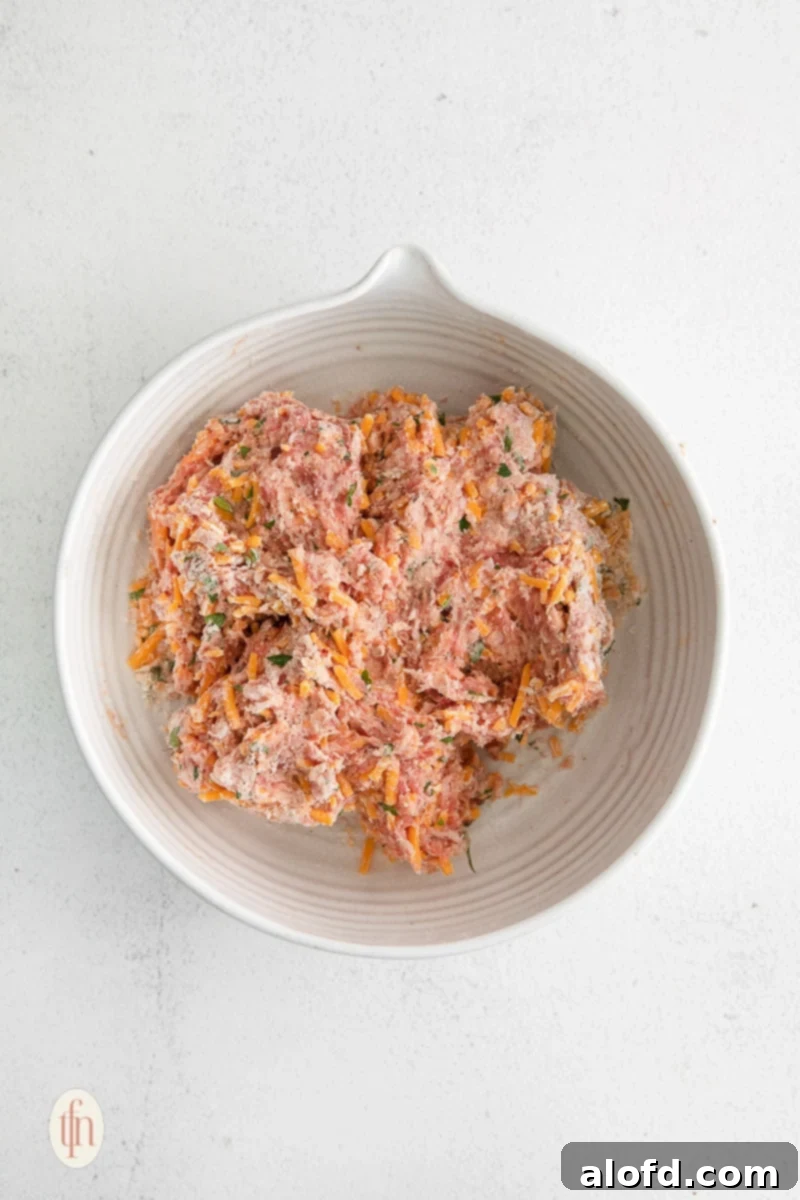 Bisquick Sausage Balls: Effortless Appetizer Perfection 6 Ground sausage mixed with other ingredients in a white bowl, ready to be formed into balls.