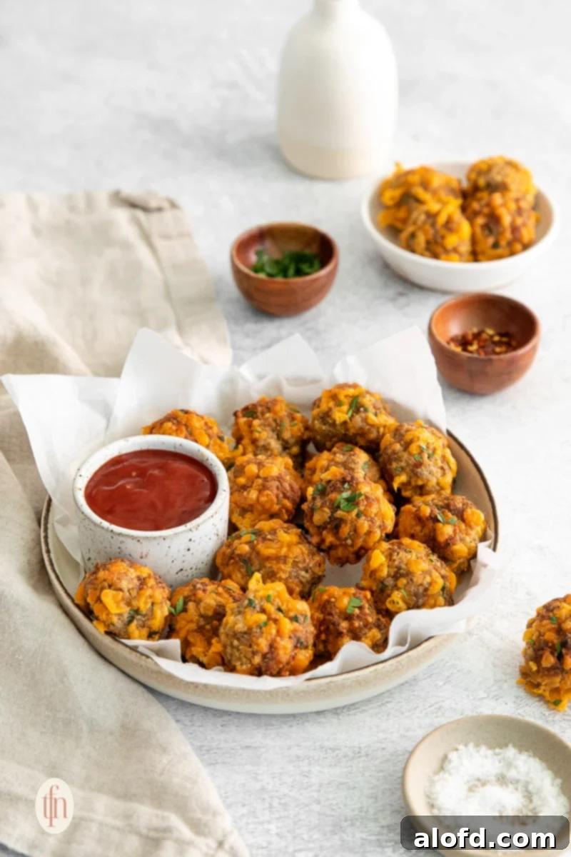 Bisquick Sausage Balls: Effortless Appetizer Perfection 7 Baked sausage balls arranged on a table with a bowl of dipping sauce and small bowls of garnish.