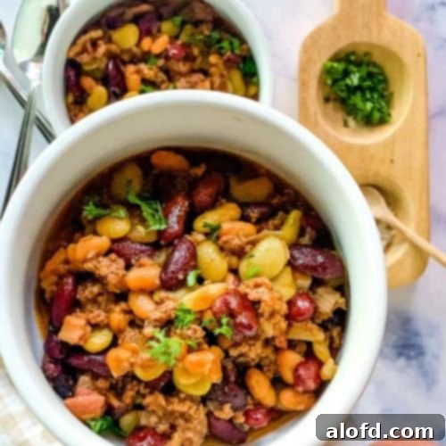 Vibrant Bean Medley Bake 9 Dish of baked beans with ground beef.