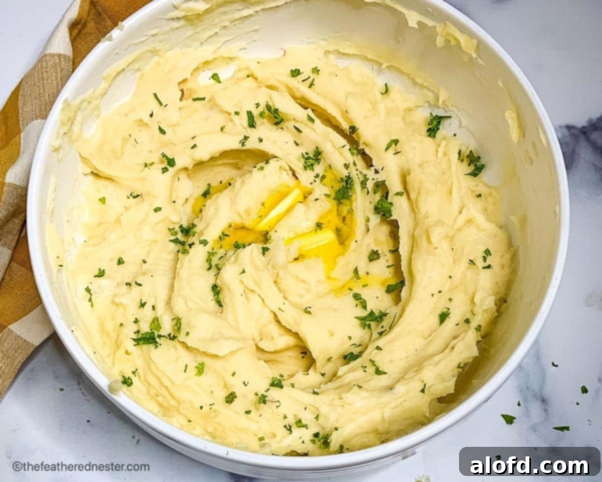 Creamy Instant Pot Garlic Mash 3 A serving bowl filled with fluffy and buttery Instant Pot garlic mashed potatoes, garnished with fresh chives.