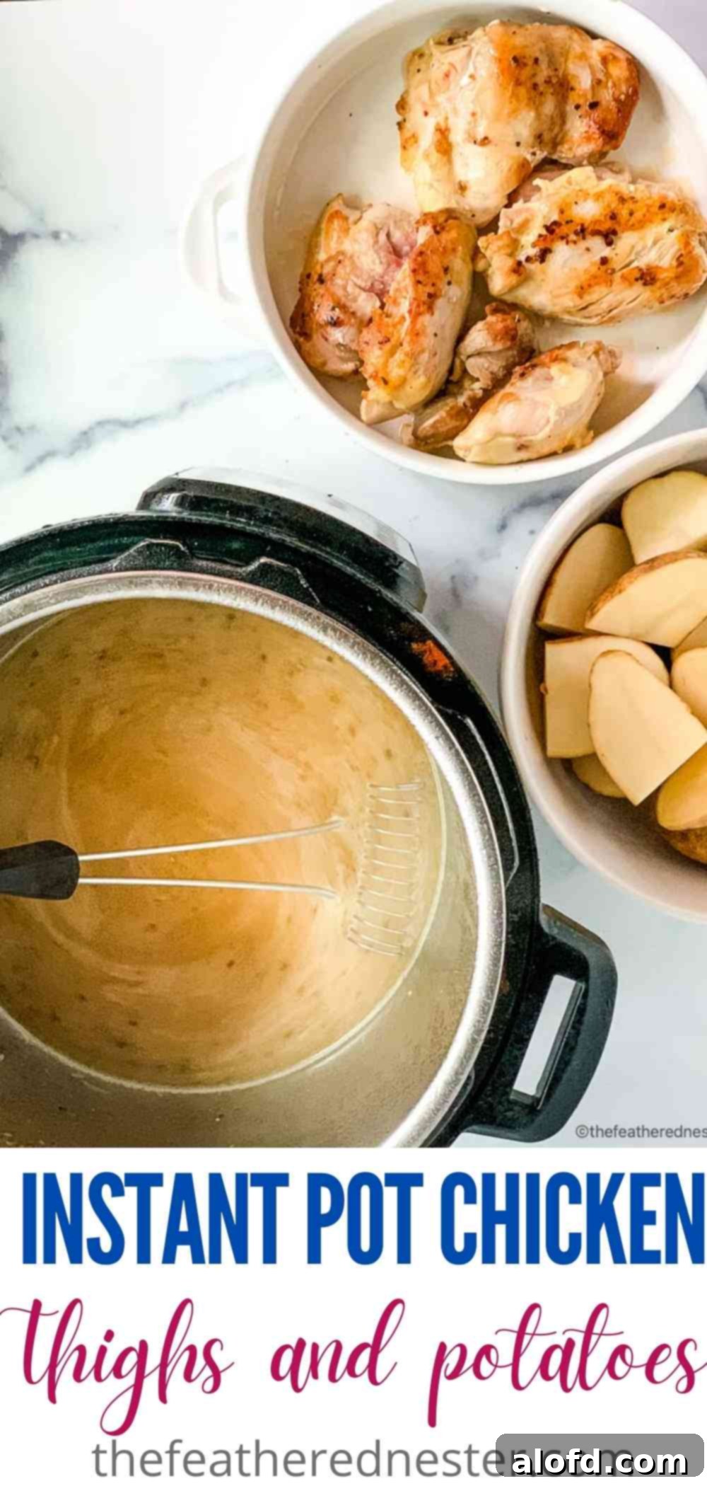 Tender Instant Pot Chicken Thighs and Potatoes 3 An image of the Instant Pot with chicken and cut up potatoes with broth in the pot.