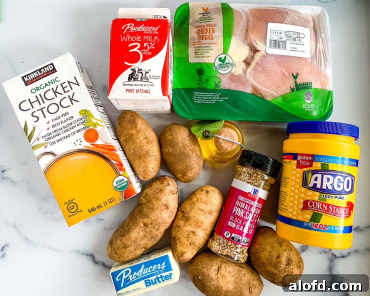 Tender Instant Pot Chicken Thighs and Potatoes 4 Ingredients to pressure cook chicken and potatoes together: milk, chicken broth, boneless chicken thighs, corn starch, potatoes, butter, and all purpose seasoning.