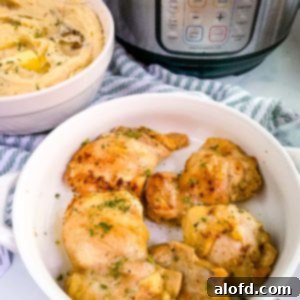 Tender Instant Pot Chicken Thighs and Potatoes 10 a plater of chicken with a bowl of mashed potatoes.
