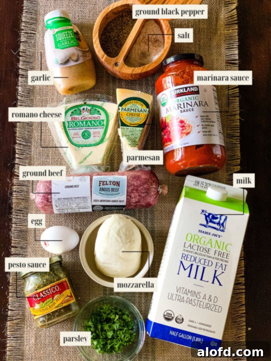 Hearty Meatball Marinara 3 Labeled ingredient image for meatball marinara recipe, showing fresh herbs, cheese, ground meat, and sauce.