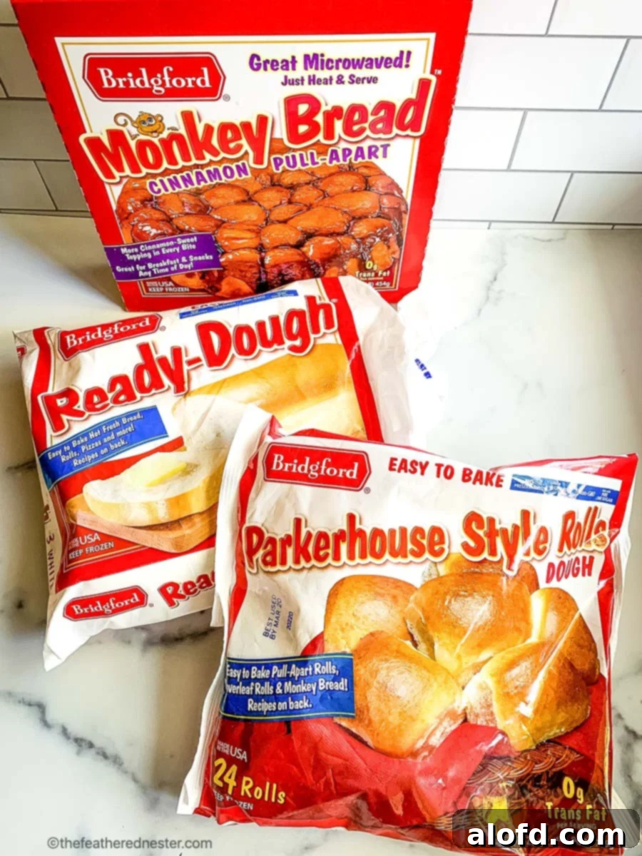 Packages of Bridgford frozen parker house rolls, Ready-Dough, and monkey bread products.