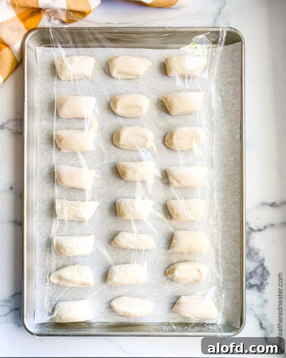 A cookie sheet of frozen Parker House rolls covered with plastic wrap for defrosting and rising.