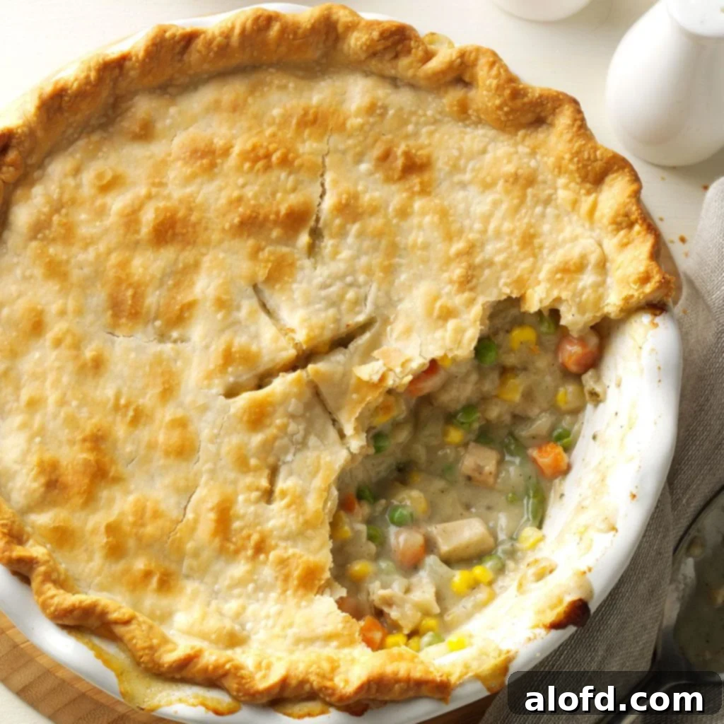 Golden-brown chicken pot pie in a pie plate, freshly baked and ready to serve.