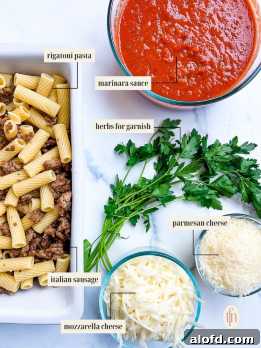 Labeled ingredient image for baked rigatoni, showing fresh mozzarella, Parmesan, rigatoni, sausage, and marinara.