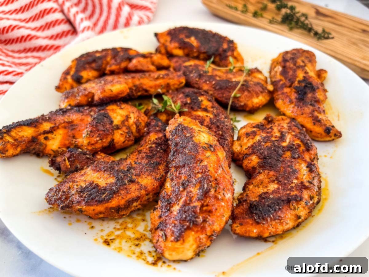 Cajun-Spiced Chicken Strips 9 a plate of blackened chicken strips.