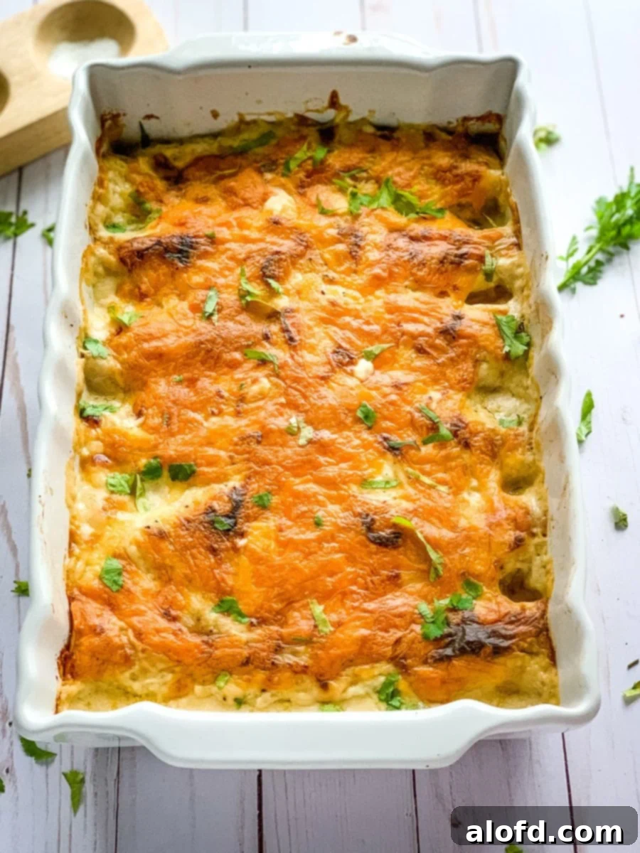 Luscious Sour Cream Chicken Enchiladas 2 creamy chicken enchiladas on a serving square bowl.