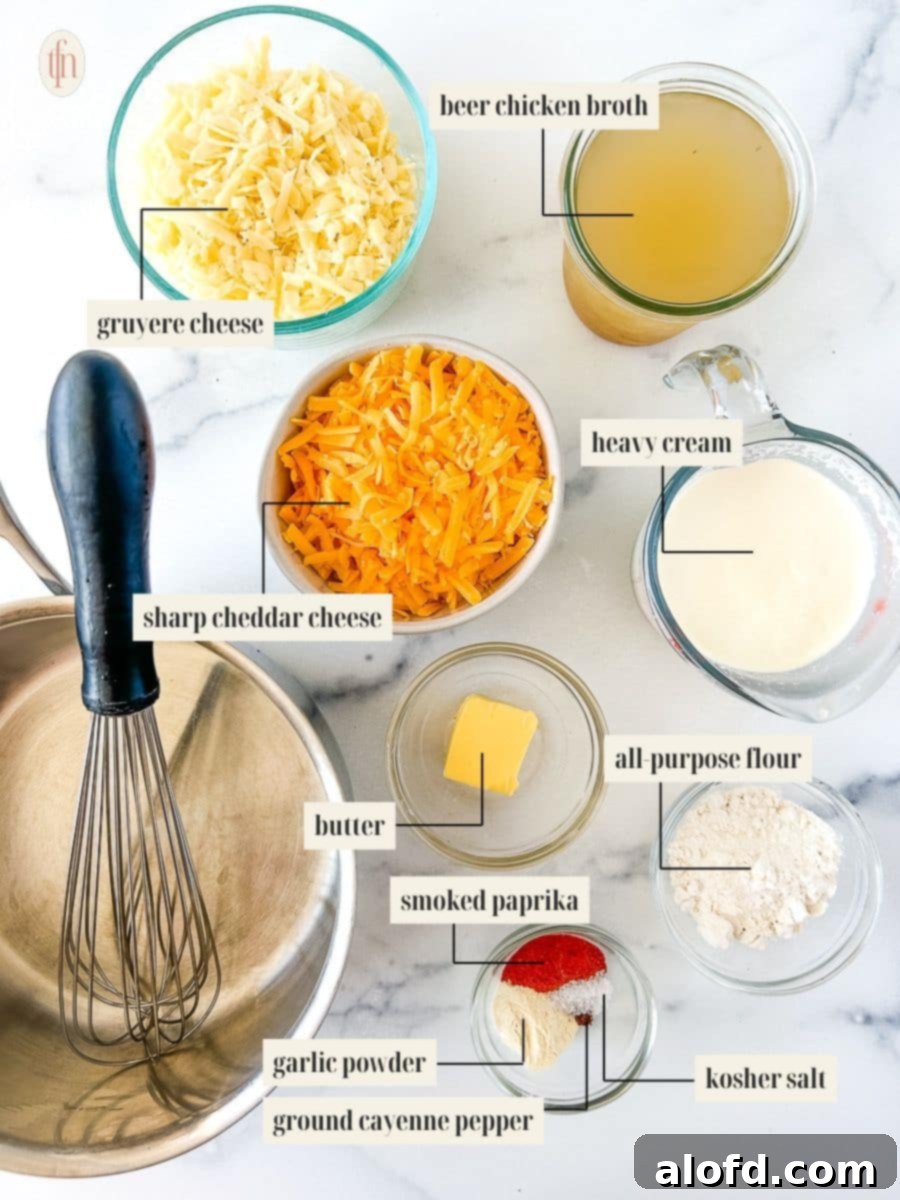 Labeled image showing all ingredients required for the homemade cheese dip recipe, including cheeses, spices, butter, flour, and liquids.