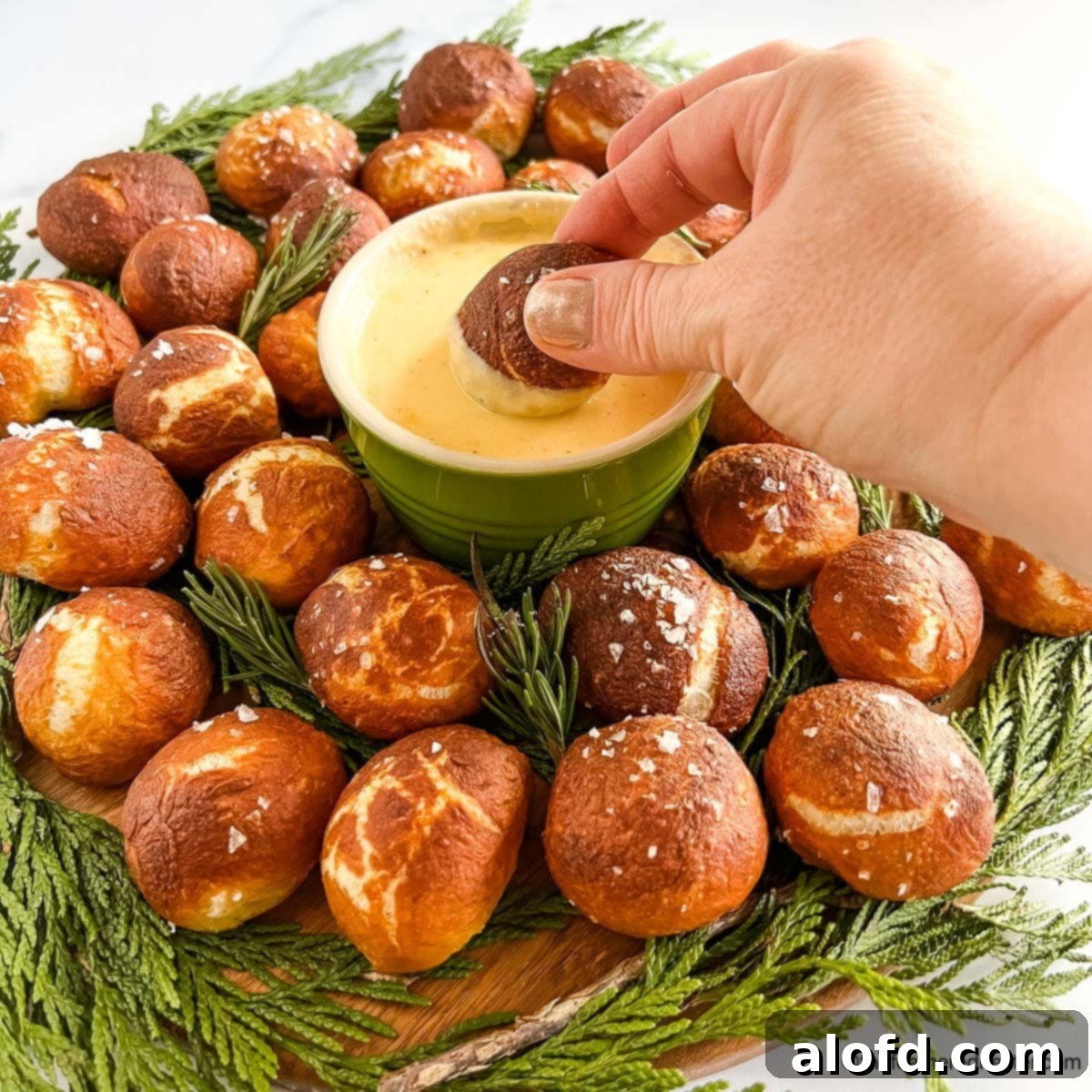 Pretzel Poppers 10 A hand dipping a soft pretzel bite into a bowl of rich pretzel cheese dip.