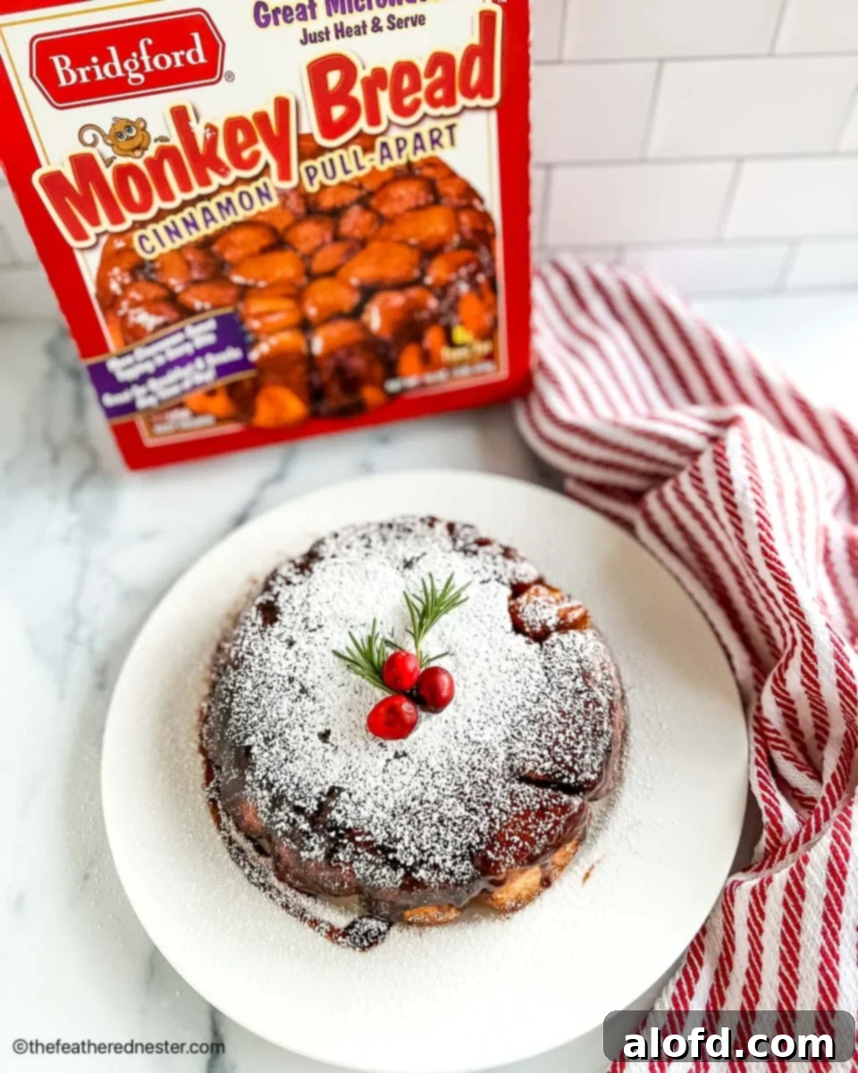 Perfect Bridgford Monkey Bread Made Easy 2 A plate of Monkey Bread Cinnamon Pull-Apart with a box of Bridgford frozen Monkey in the background.
