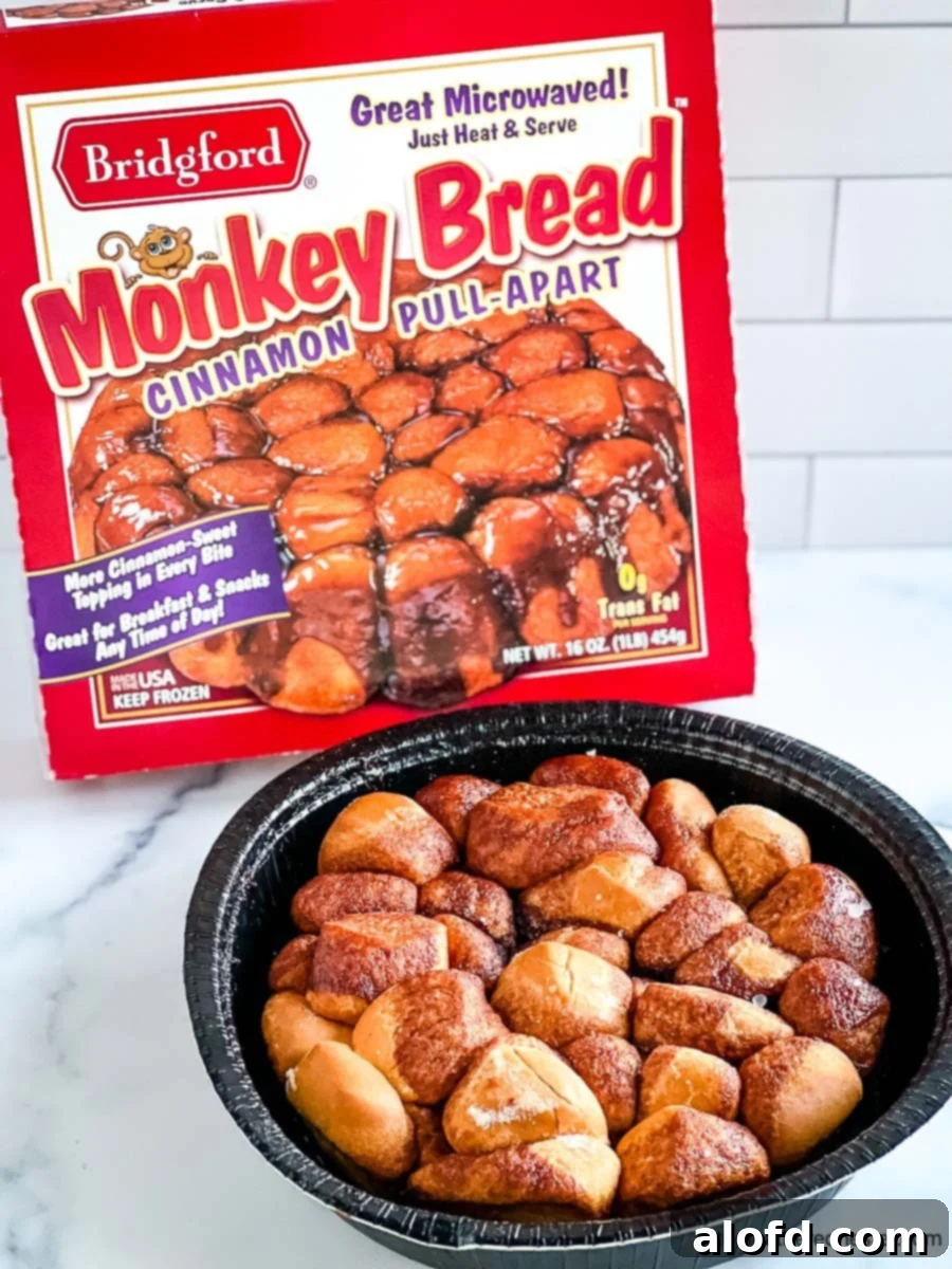 Perfect Bridgford Monkey Bread Made Easy 5 An oven ready container of monkey bread with a container of monkey bread in the background.