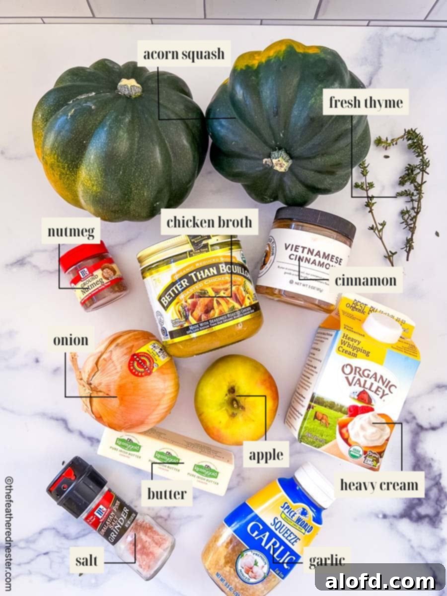 Creamy Instant Pot Acorn Squash Soup 5 Labeled ingredient image for acorn squash soup recipe, showing all components laid out.