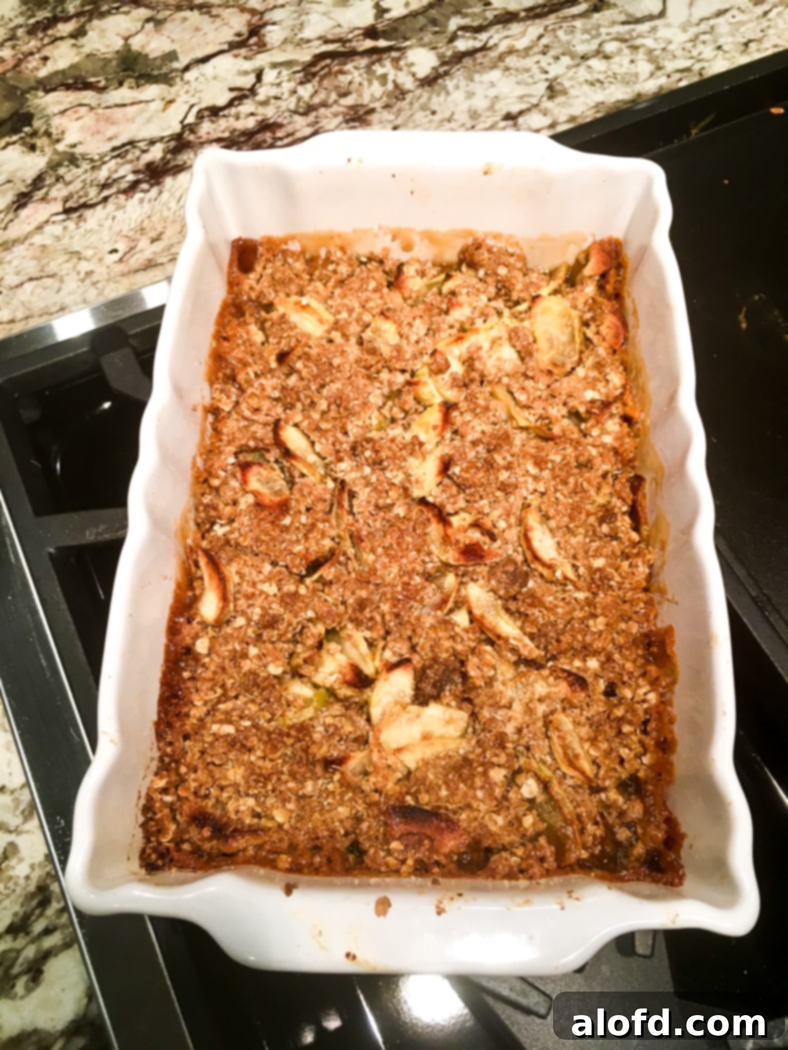 A serving of warm apple crisp topped with a scoop of melting vanilla ice cream in a cozy white bowl, perfect for fall.