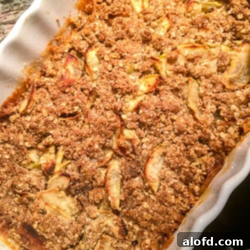 A beautifully baked apple crisp in a casserole dish, garnished and ready to serve.