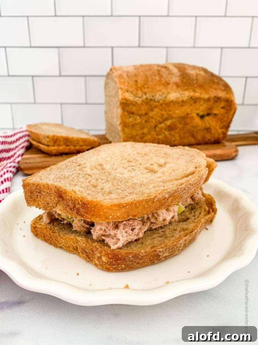A white plate with sliced whole wheat sourdough bread with a filling, highlighting its appeal for delicious sandwiches.