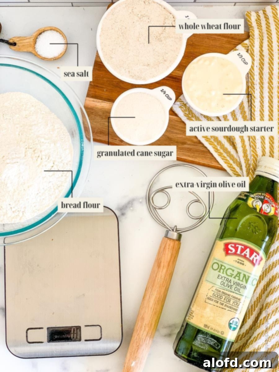 Labeled ingredient image for Whole Wheat Sourdough Bread recipe, clearly showing all components required.