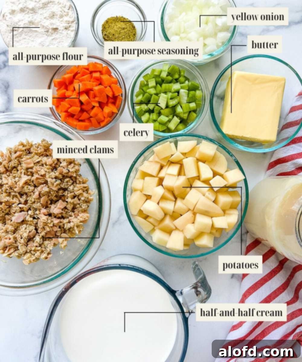 Labeled ingredients image for San Francisco clam chowder, including canned clams, onion, potatoes, carrots, celery, butter, flour, and half-and-half.
