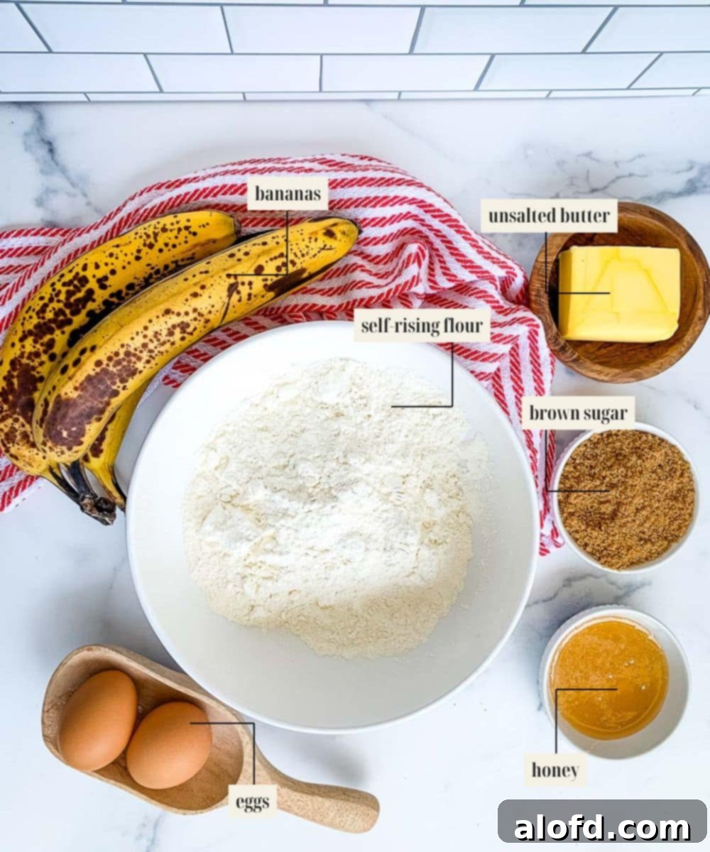 Effortless Self-Rising Banana Bread 4 Labeled ingredient image for banana bread.