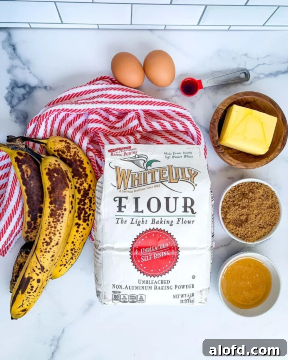 Effortless Self-Rising Banana Bread 5 A bag of White Lilly brand self rising flour, bananas, butter, honey, two eggs, vanilla extract, brown sugar.