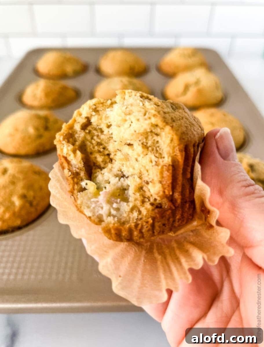 A hand holding a freshly baked Bisquick banana muffin, highlighting its golden-brown top and tender crumb.