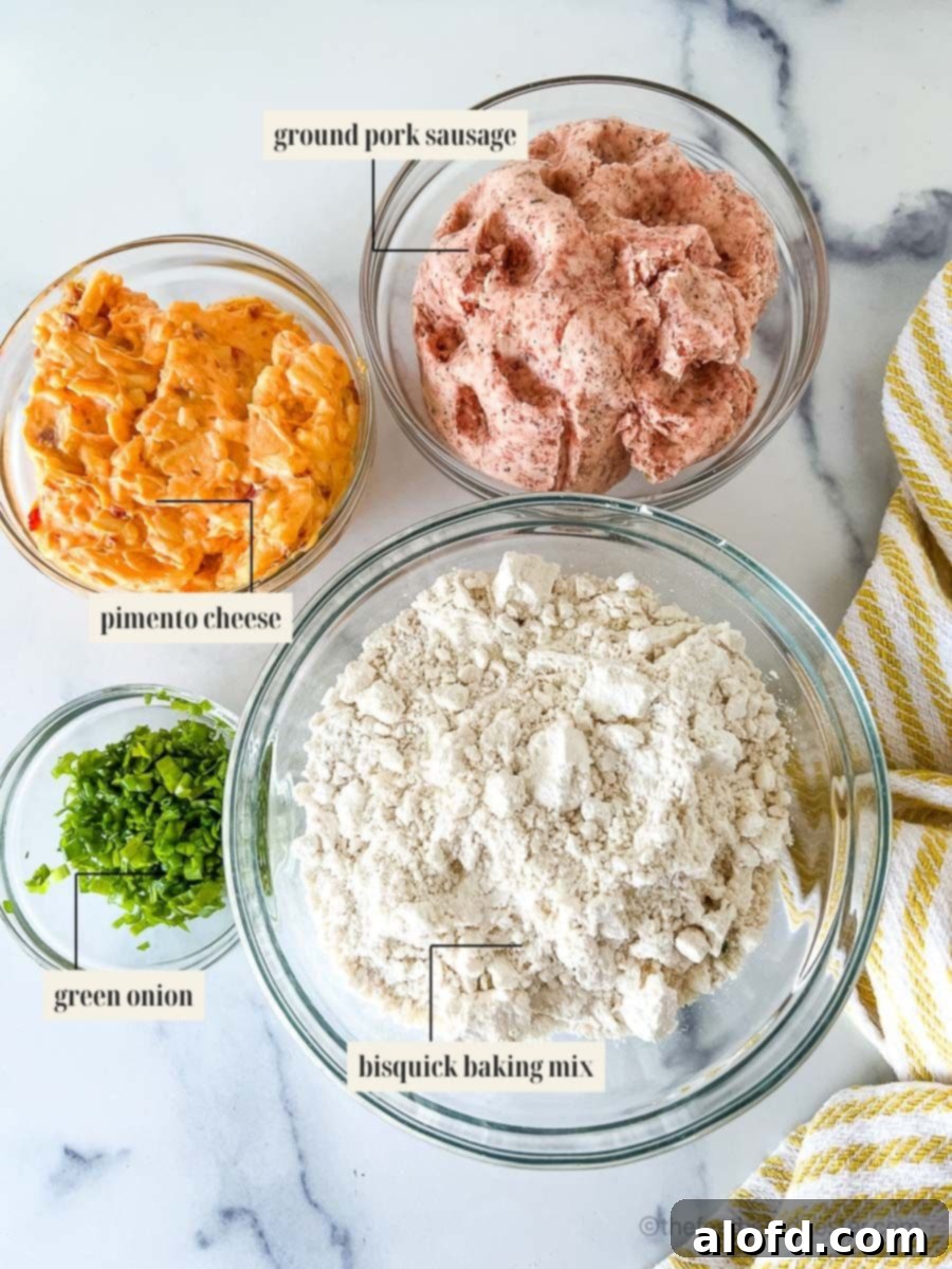 Labeled ingredient image for pimento cheese sausage ball recipe, showing ground sausage, pimento cheese, and Bisquick mix.