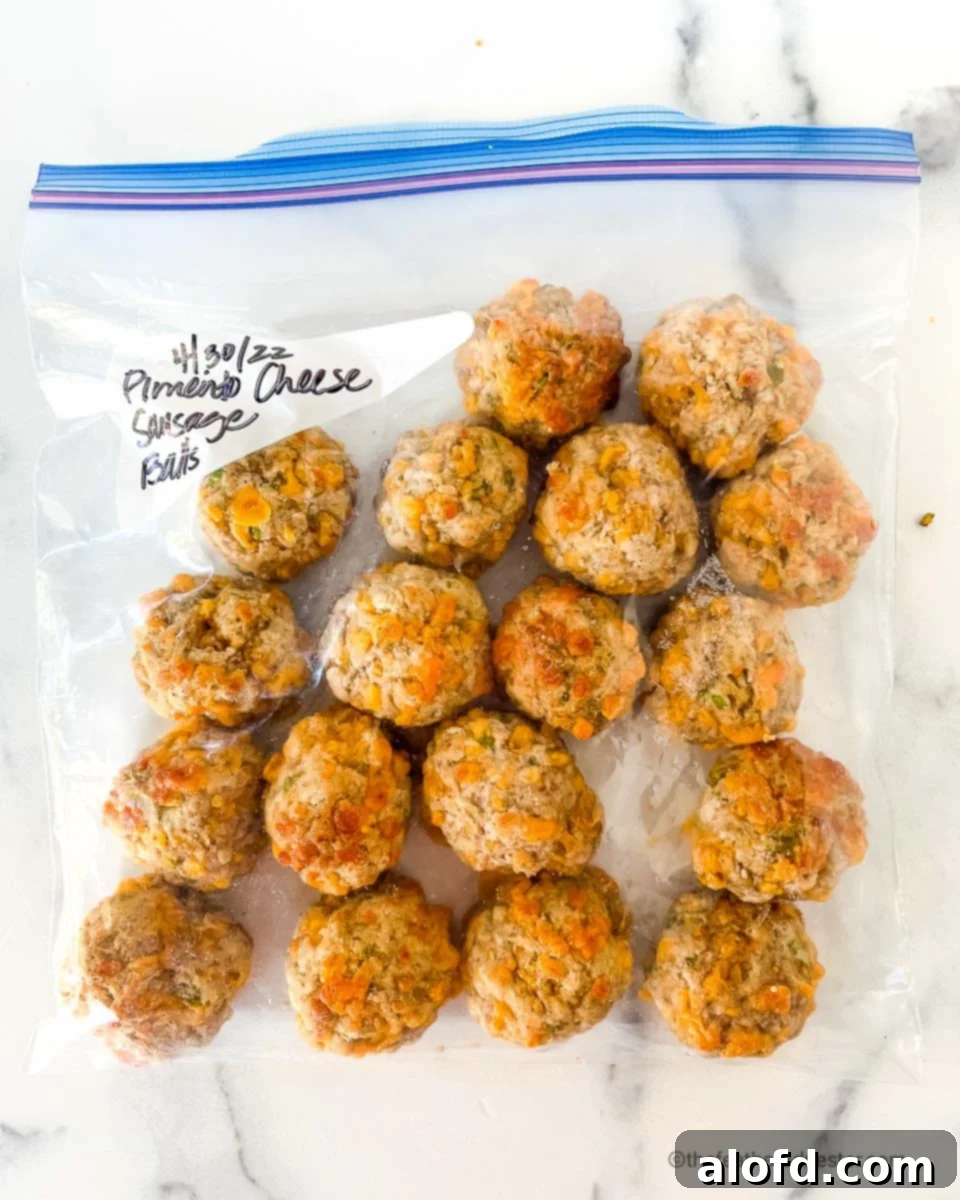 A freezer bag filled with unbaked pimento cheese sausage balls, ready for storage.