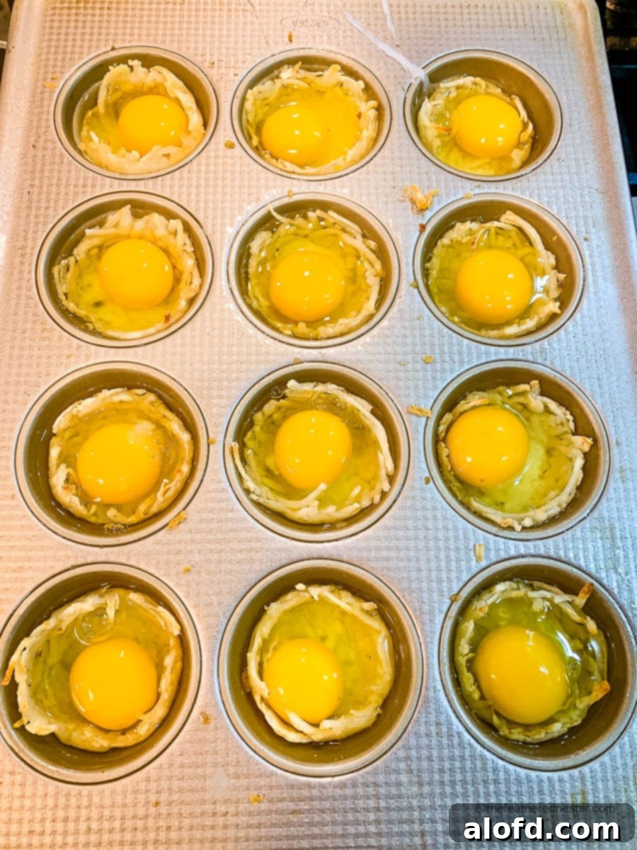 Crispy Hash Brown Egg Cups 9 Birds nest eggs in muffin pan, before baking.