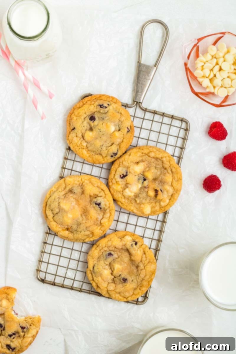 A cooling rack neatly holds four freshly baked white chocolate raspberry cookies, enticing you with their golden-brown edges and soft centers.